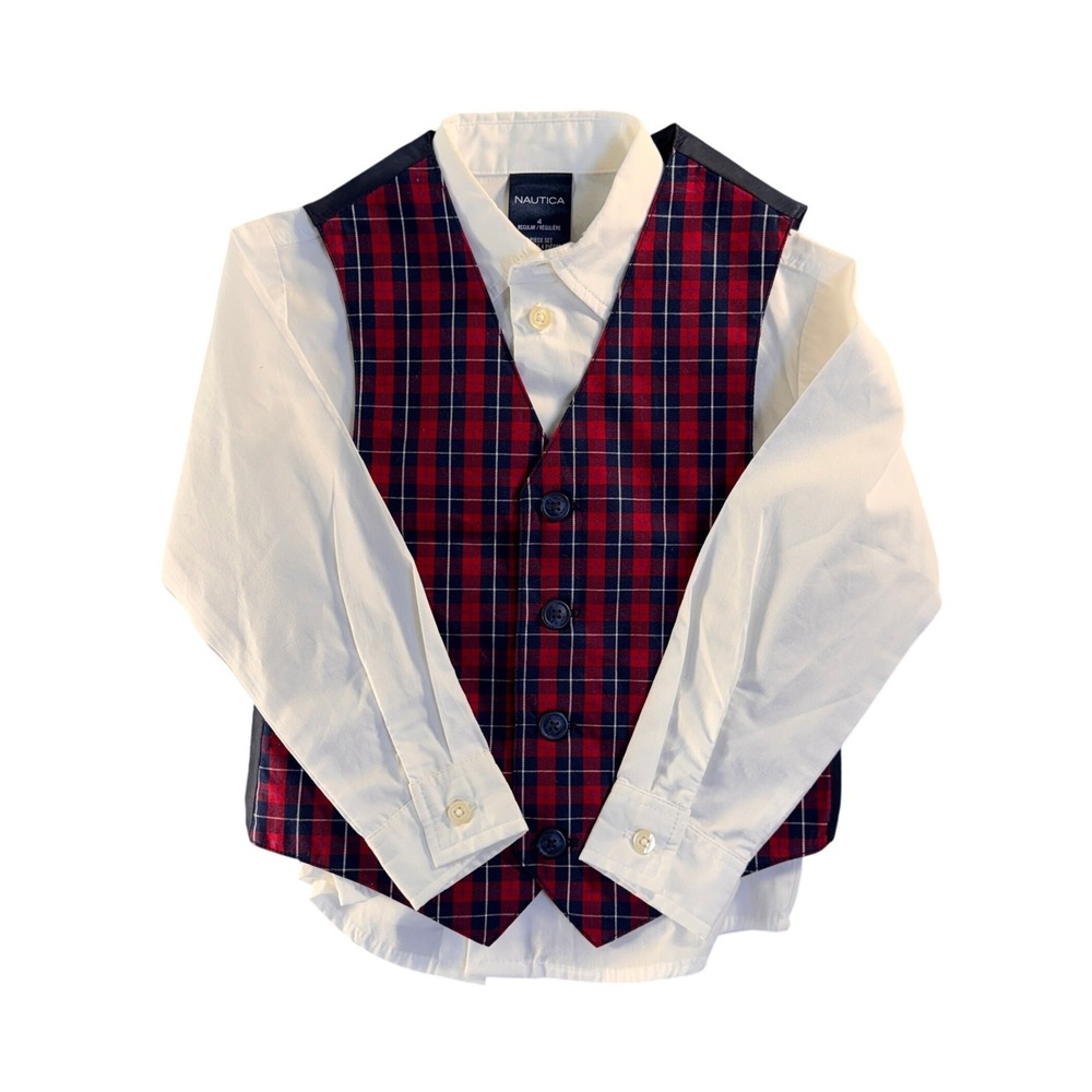 Nautica Boys 2pc Set White Button Down Shirt Red Navy‎ Plaid Vest Size 4 Regular